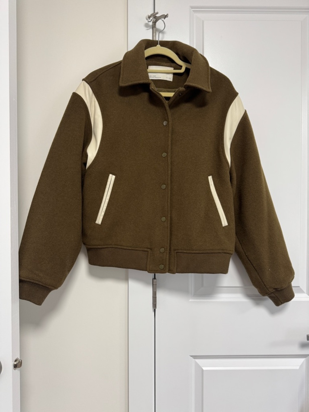 OAK + FORT Wool Olive Green Bomber Jacket with Cream Leather Accents